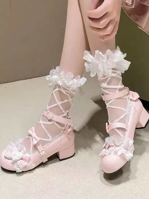 Escarpins Lolita Sweet bout rond bout en cuir PU talon compensé n艙uds roses