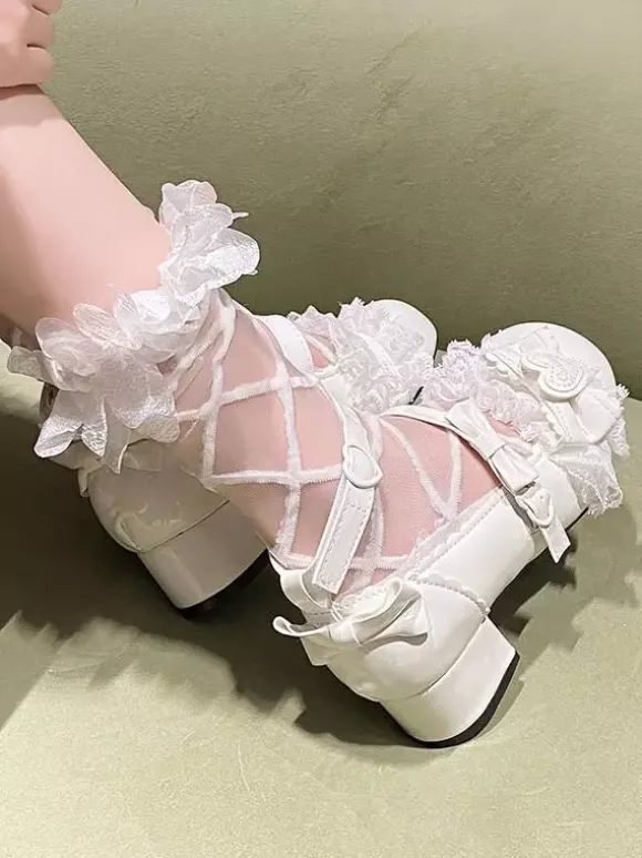 Escarpins Lolita Sweet bout rond bout en cuir PU talon compensé n艙uds roses