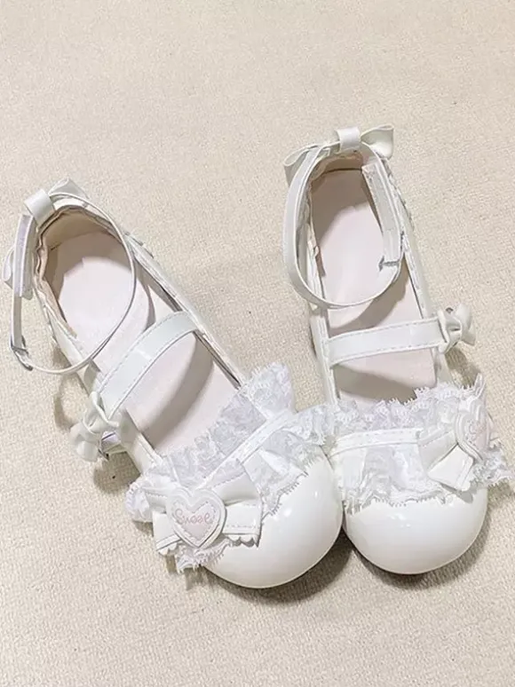 Escarpins Lolita Sweet bout rond bout en cuir PU talon compensé n艙uds roses