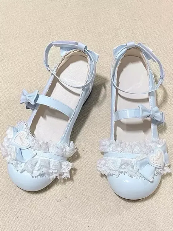 Escarpins Lolita Sweet bout rond bout en cuir PU talon compensé n艙uds roses