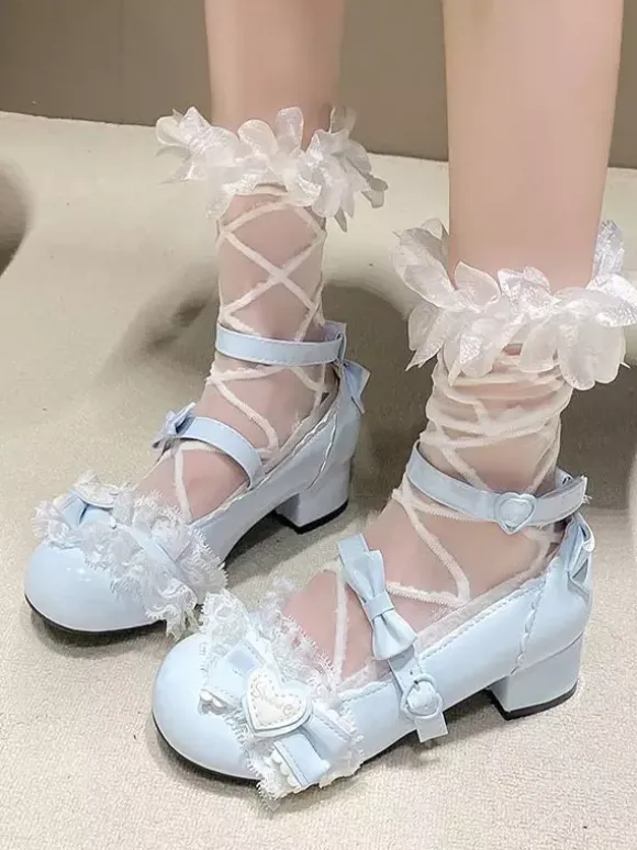Escarpins Lolita Sweet bout rond bout en cuir PU talon compensé n艙uds roses