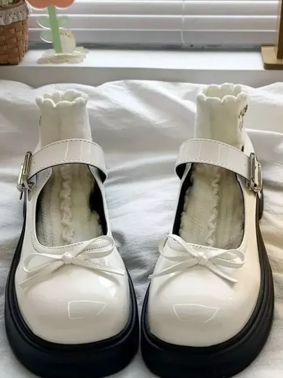 Escarpins Lolita Sweet à bout rond n艙uds noirs en cuir PU talon compensé