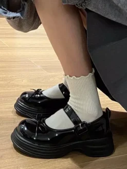 Escarpins Lolita Sweet à bout rond n艙uds noirs en cuir PU talon compensé