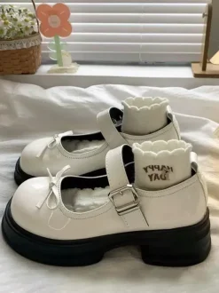Escarpins Lolita Sweet à bout rond n艙uds noirs en cuir PU talon compensé