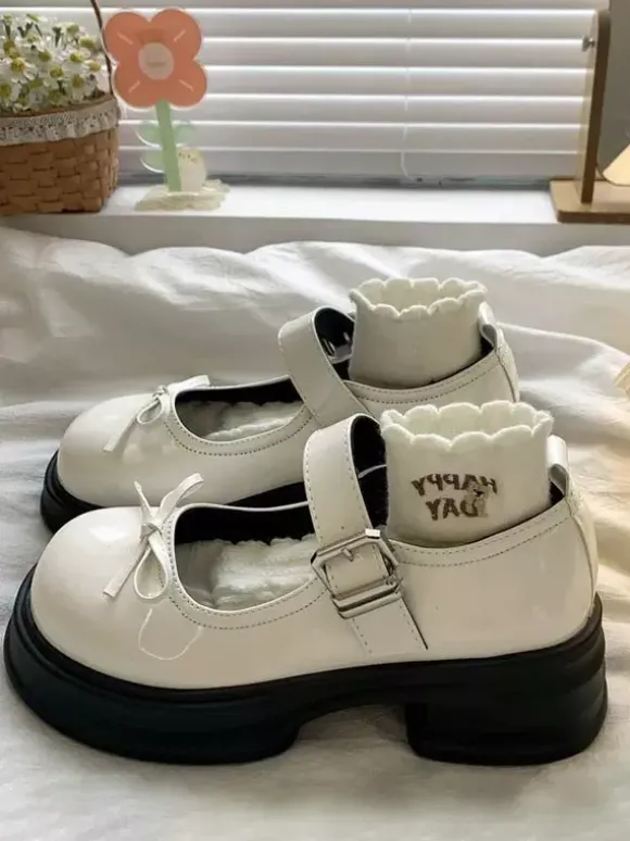 Escarpins Lolita Sweet à bout rond n艙uds noirs en cuir PU talon compensé
