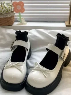 Escarpins Lolita Sweet à bout rond n艙uds noirs en cuir PU talon compensé