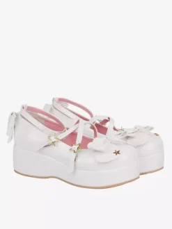 Escarpins Lolita Sweet Lolita à talons compensés en cuir PU avec n艙uds blancs