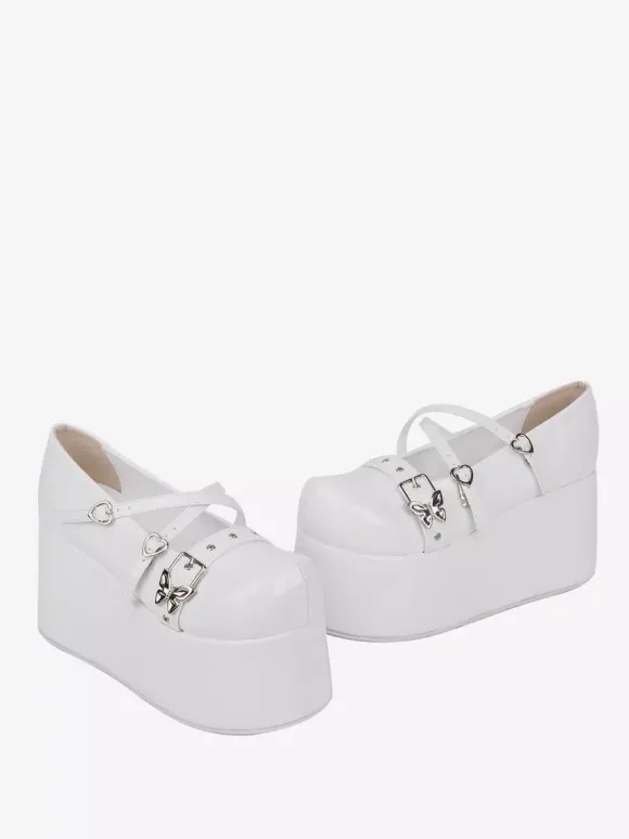 Escarpins Lolita Sweet à plateforme 艙illets blancs cuir PU boucle latérale
