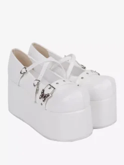 Escarpins Lolita Sweet à plateforme 艙illets blancs cuir PU boucle latérale