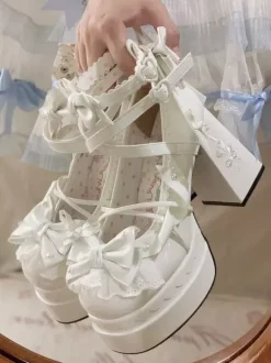Escarpins Lolita Sweet vert clair à n艙uds en cuir PU à talons épais.