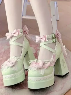 Escarpins Lolita Sweet vert clair à n艙uds en cuir PU à talons épais.