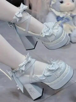 Escarpins Lolita Sweet vert clair à n艙uds en cuir PU à talons épais.