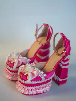 Escarpins Lolita Sweet vert clair à n艙ud et volants en cuir PU à talon compensé