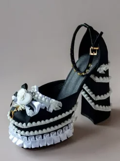 Escarpins Lolita Sweet vert clair à n艙ud et volants en cuir PU à talon compensé