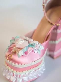 Escarpins Lolita Sweet vert clair à n艙ud et volants en cuir PU à talon compensé