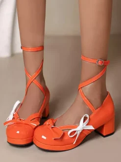 Escarpins Lolita à talons compensés en cuir verni orange et rouge avec n艙uds