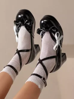 Escarpins Lolita à talons compensés en cuir verni orange et rouge avec n艙uds