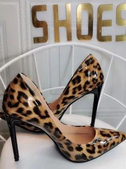 Escarpins marron café pour femmes talons aiguilles bout pointu imprimé léopard cuir verni talons sexy décontractés