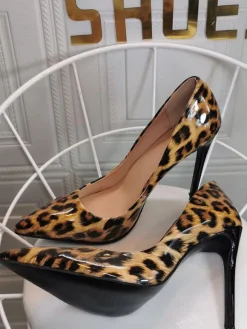 Escarpins marron café pour femmes talons aiguilles bout pointu imprimé léopard cuir verni talons sexy décontractés