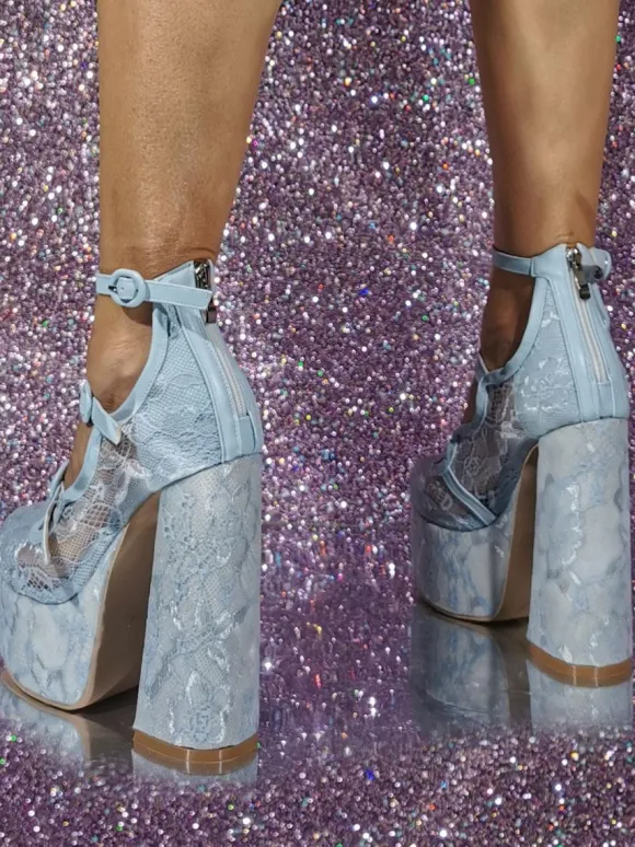 Escarpins à plateforme en dentelle pour femmes bout rond détail de boucle talons hauts à lanières