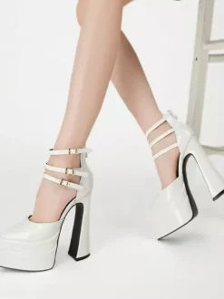 Escarpins à plateforme pour femmes Rouge Bout pointu Fermeture à boucle Bride à la cheville Talons hauts bloc
