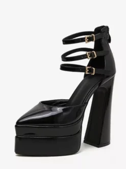 Escarpins à plateforme pour femmes Rouge Bout pointu Fermeture à boucle Bride à la cheville Talons hauts bloc