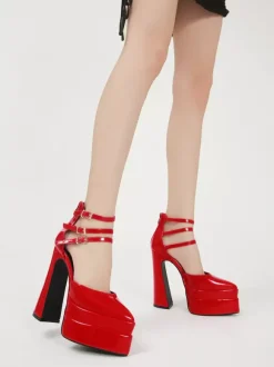 Escarpins à plateforme pour femmes Rouge Bout pointu Fermeture à boucle Bride à la cheville Talons hauts bloc