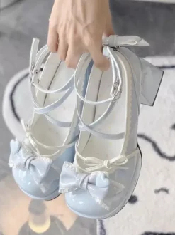 Escarpins plats Lolita classiques en cuir PU écru et blanc avec n艙uds