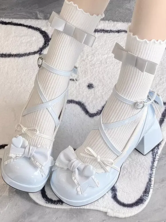 Escarpins plats Lolita classiques en cuir PU écru et blanc avec n艙uds