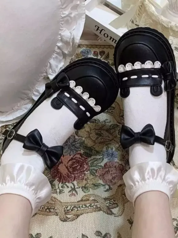 Escarpins plats Lolita gothiques à plateforme en cuir PU noir avec n艙uds