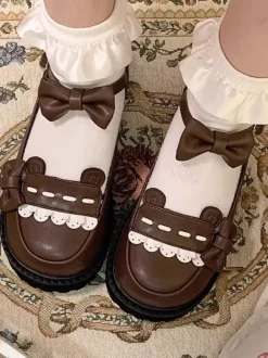 Escarpins plats Lolita gothiques à plateforme en cuir PU noir avec n艙uds