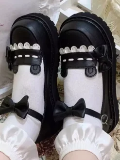 Escarpins plats Lolita gothiques à plateforme en cuir PU noir avec n艙uds