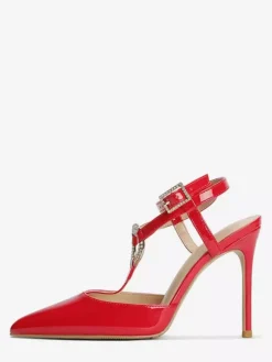 Escarpins rouges à talons hauts et bout pointu avec strass et brides pour femmes