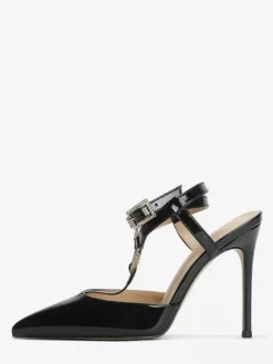 Escarpins rouges à talons hauts et bout pointu avec strass et brides pour femmes