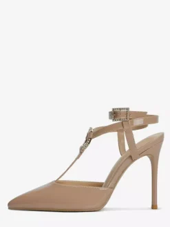 Escarpins rouges à talons hauts et bout pointu avec strass et brides pour femmes
