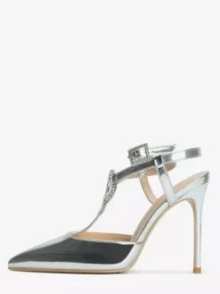 Escarpins rouges à talons hauts et bout pointu avec strass et brides pour femmes