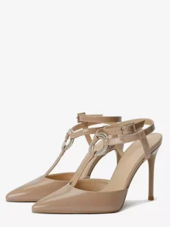 Escarpins rouges à talons hauts et bout pointu avec strass et brides pour femmes