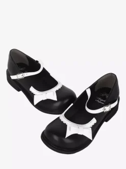 Escarpins Sweet Lolita noirs plats en cuir PU avec n艙ud et n艙ud papillon chaussures tendance Kawaii