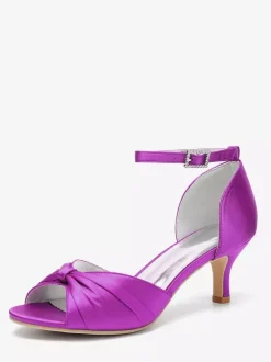 Escarpins à talon chaton en satin pour femmes chaussures de mariée à bout ouvert et bride à la cheville froncée