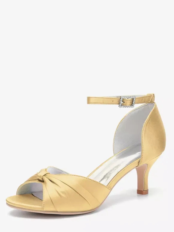 Escarpins à talon chaton en satin pour femmes chaussures de mariée à bout ouvert et bride à la cheville froncée
