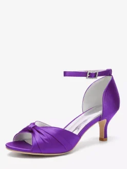 Escarpins à talon chaton en satin pour femmes chaussures de mariée à bout ouvert et bride à la cheville froncée