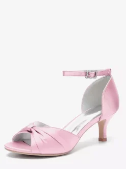 Escarpins à talon chaton en satin pour femmes chaussures de mariée à bout ouvert et bride à la cheville froncée