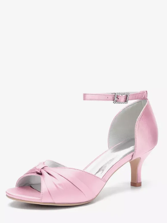 Escarpins à talon chaton en satin pour femmes chaussures de mariée à bout ouvert et bride à la cheville froncée