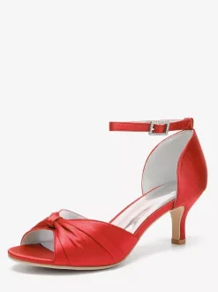 Escarpins à talon chaton en satin pour femmes chaussures de mariée à bout ouvert et bride à la cheville froncée