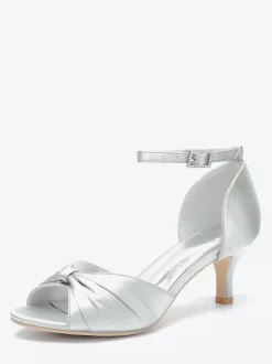 Escarpins à talon chaton en satin pour femmes chaussures de mariée à bout ouvert et bride à la cheville froncée
