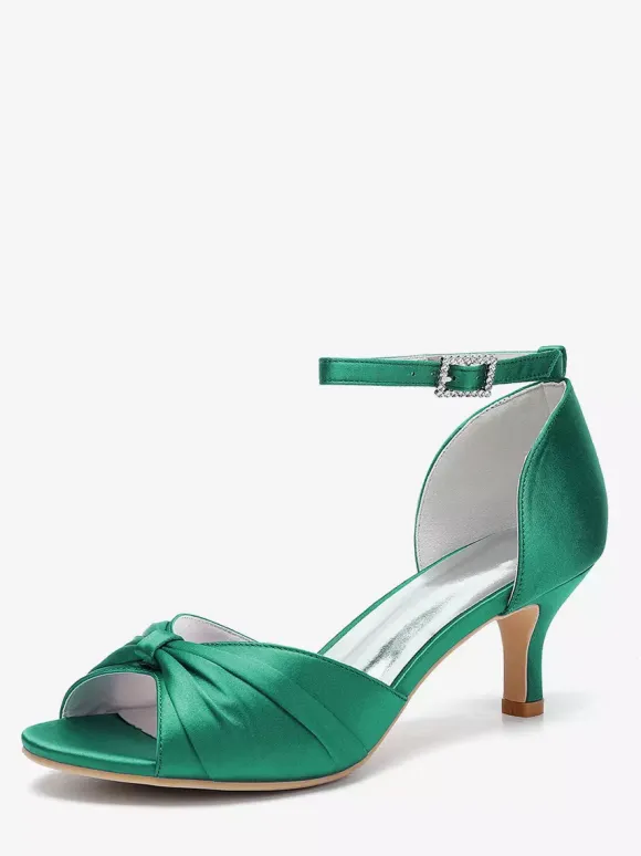 Escarpins à talon chaton en satin pour femmes chaussures de mariée à bout ouvert et bride à la cheville froncée