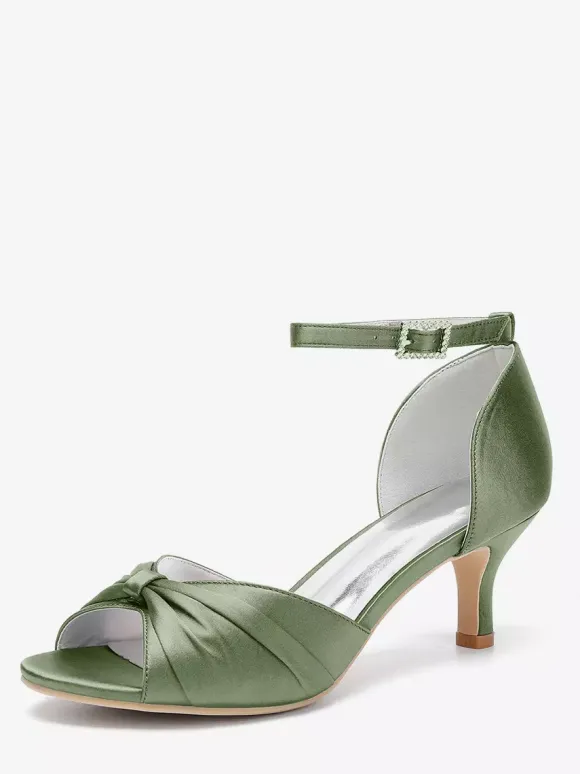 Escarpins à talon chaton en satin pour femmes chaussures de mariée à bout ouvert et bride à la cheville froncée