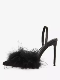 Escarpins à talons hauts en satin et fausses plumes à bout pointu pour femmes