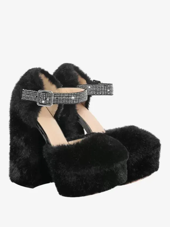 Escarpins à talons hauts pour femmes fausse fourrure talons épais cuir PU