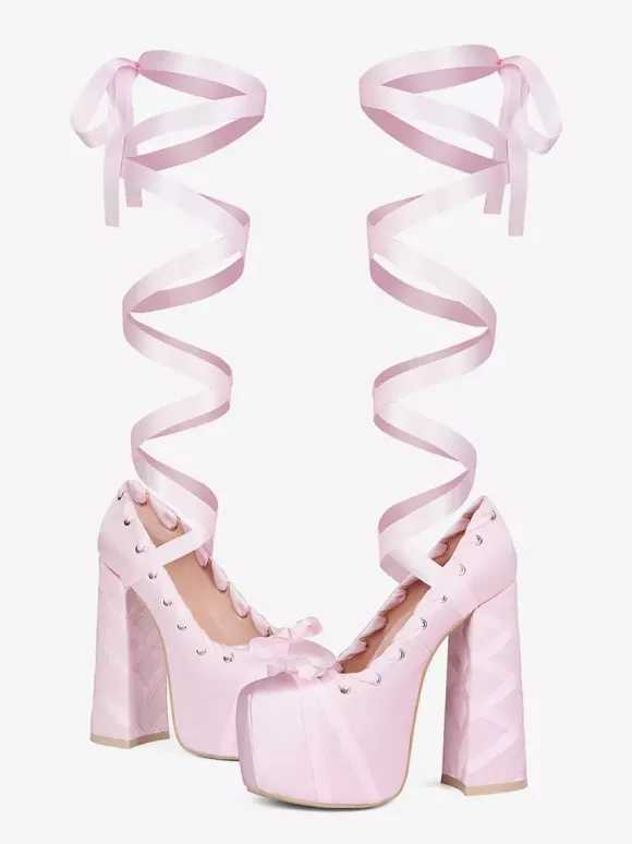 Escarpins à talons hauts roses à plateforme et bout rond avec n艙ud Lolita et lacets